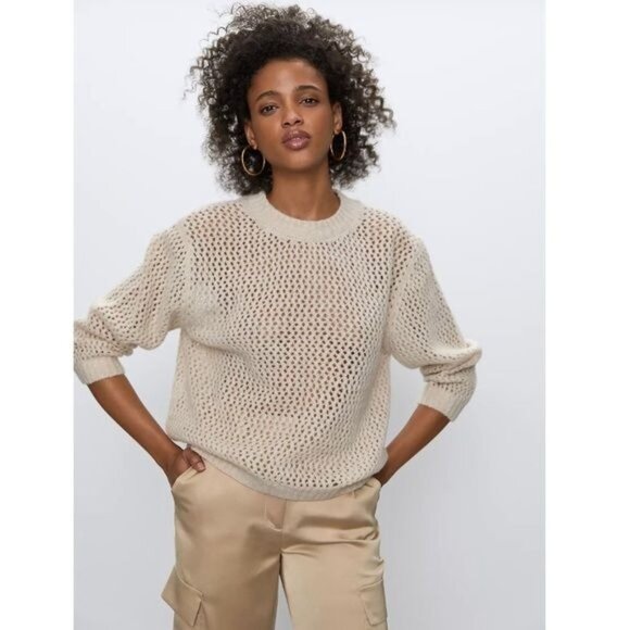 Babaton Aritzia Antiqua knit mesh wool top tan Oyster color Small - Picture 10 of 10